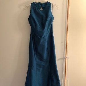 Alfred Sung long teal bridesmaid dress with bow